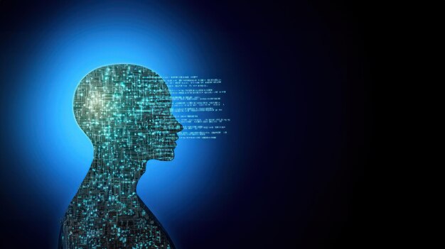 digital ai head crafted from circuit patterns with binary code streaming outward ai programming online programming workshops futuristic web development