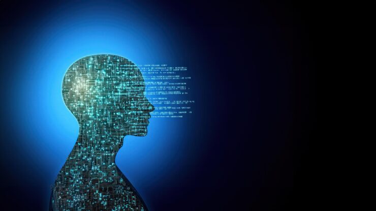 Photo digital ai head crafted from circuit patterns with binary code streaming outward ai programming online programming workshops futuristic web development