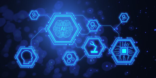 暗い背景の 3D レンダリングのデジタル AI と機械学習ネットワークのイラスト