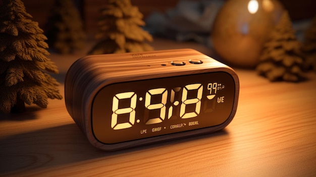 Digital alarm clock placed on the wooden table