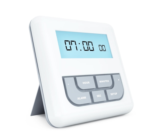 Digital Alarm Clock with LCD Display on a white background