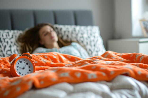 Digital alarm clock next to woman in bed waking up morning