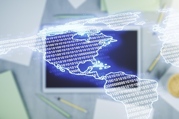 Digital America map and modern digital tablet on background top view international trading concept Multiexposure