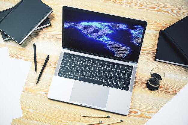 Photo digital america map on modern laptop screen international trading concept 3d rendering