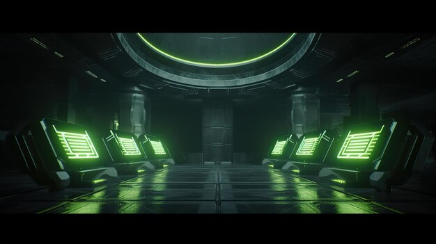 A digital animation of a dark room with green lights.