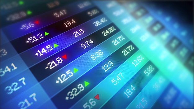 Digital animation of stock market prices passing by 3d render abstract background stock market data on display Financial stock market data tableau Stock market indicators with floating data points