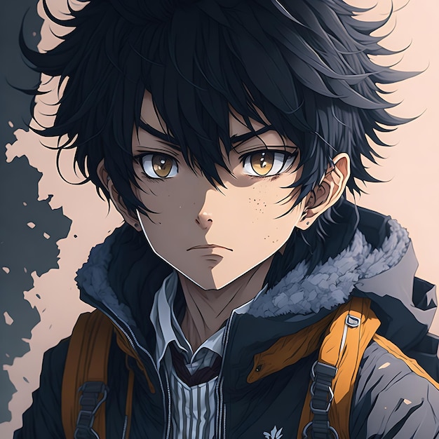 Blue eyes anime boy detailed black - AI Photo Generator - starryai