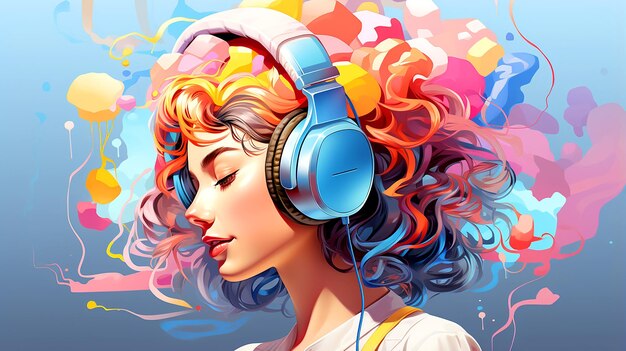 Digital art of an abstracthaired young girl listening to music on headphones