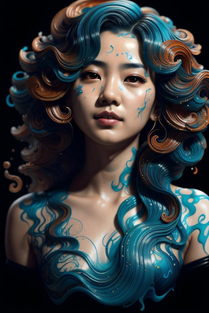 digital art of asian woman in realistic style with splashes of paint on blue with curly hair