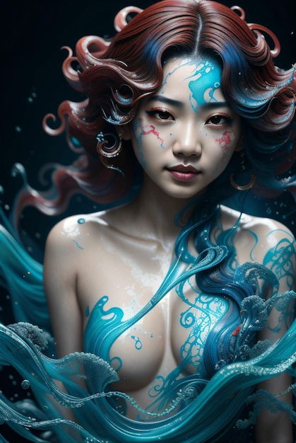 digital art of asian woman in realistic style with splashes of paint on blue with curly hair