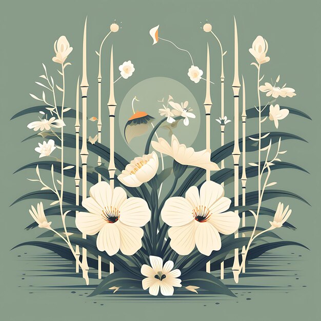 Digital Art of Bamboo Scrolls Nestled Among Lotus Flowers Surrounded by Bam 2D Design Clipart Flat