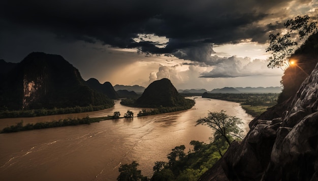 Digital art Beautiful Mekong river Thailand landscape background view at dusk sunset