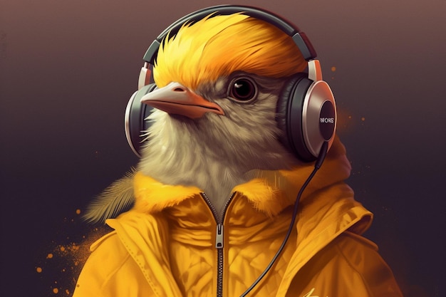 A digital art of a bird with headphones and a jac