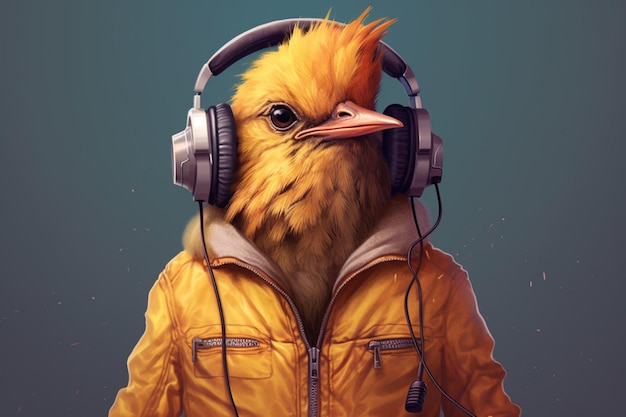 A digital art of a bird with headphones and a jac