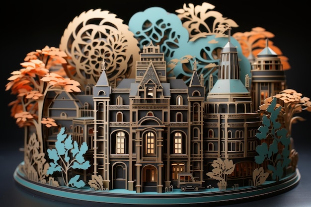 A digital art Building crafted by papers in kirigami style illustration quilling