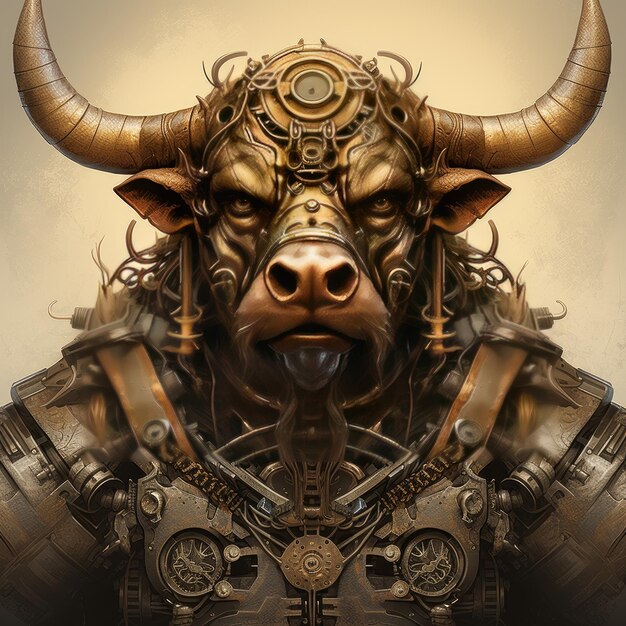 a digital art of a bull with a bull head and horns.