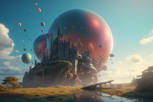 Цифровое искусство замка с большим шаром на переднем плане