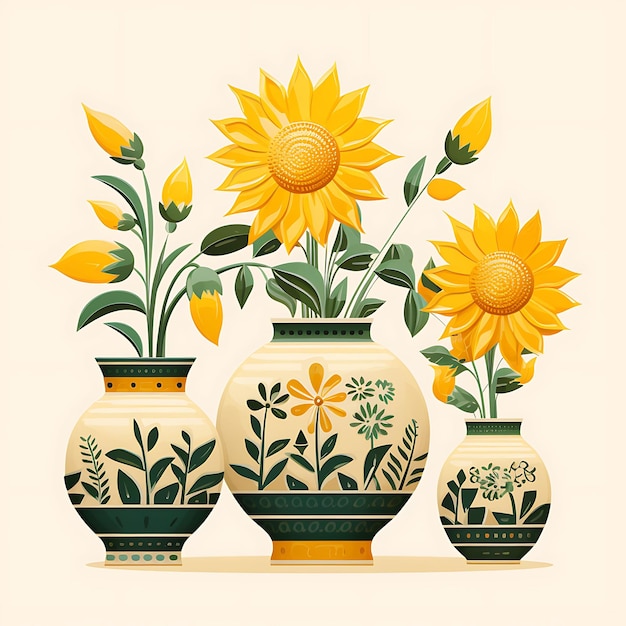 Photo digital art of ceramic figurines nestled among sunflowers surrounded by vas 2d design clipart flat