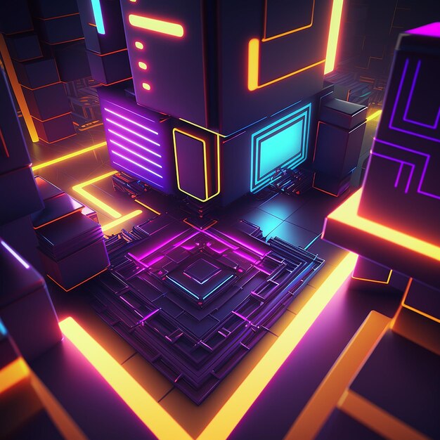 A digital art of a city with neon lights and a square.