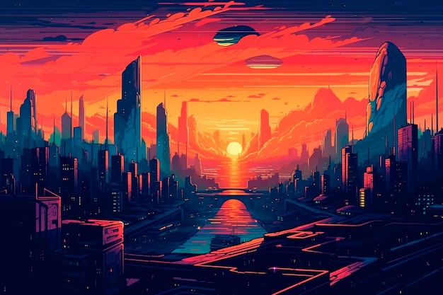 Foto un'arte digitale di una città con un tramonto sullo sfondo.