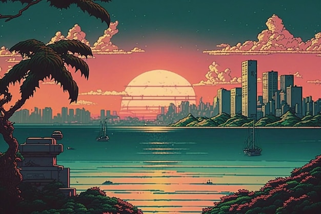 A digital art of a city with a sunset and a palm tree.
