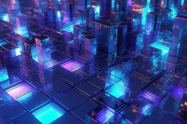 A digital art of a cityscape with a blue square and the word city on it.