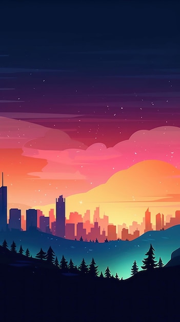 a digital art of a cityscape with a mountain in the background.
