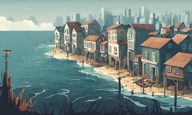 digital art of a coastal city with water levels creeping up