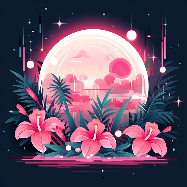 Photo digital art of crystal balls nestled among hibiscus surrounded by fairy lig 2d design clipart flat