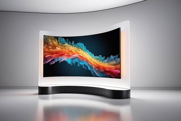 Digital art on a curved OLED display in a tech showroom mockup with blank white empty space for placing your design