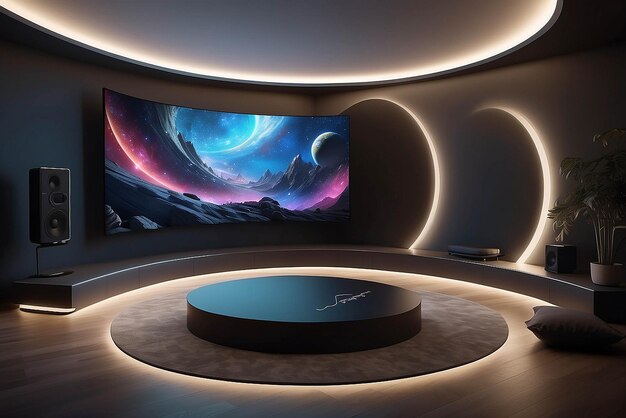 Digital art on a curved OLED display with surround sound in an immersive entertainment room with personalized content mockup