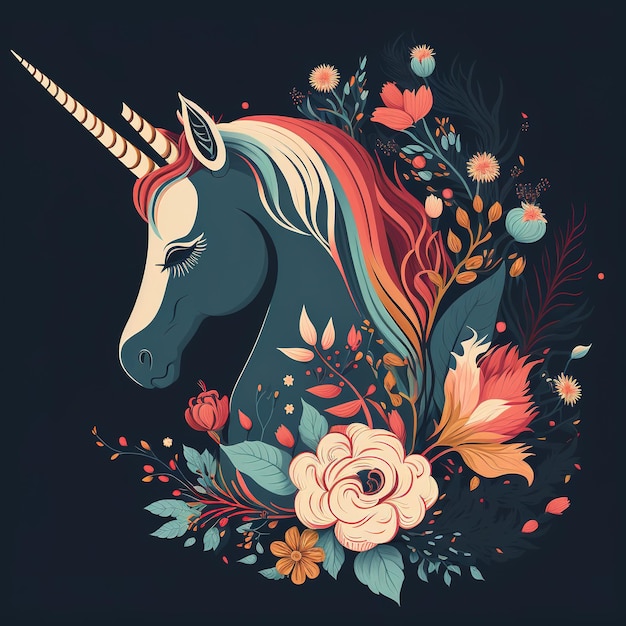 Digital art of a cute adorable lovely unicorn colorful with floral elements, isolated in dark