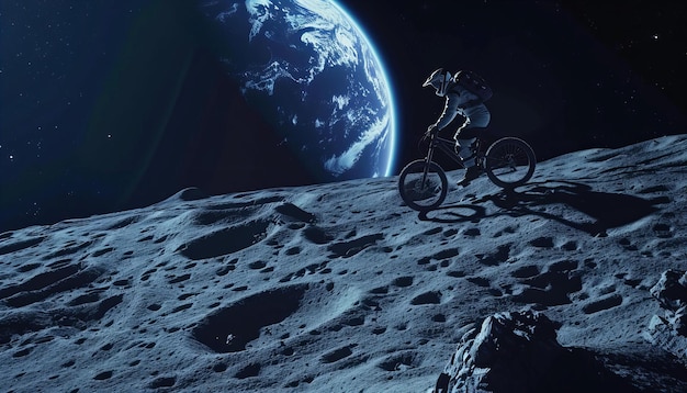 Digital art of a cyclist on an alien planet with a view of space Scifi and adventure