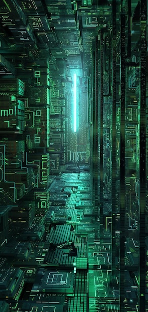 A digital art of a dark room with a green and blue background and the number 1 on it.