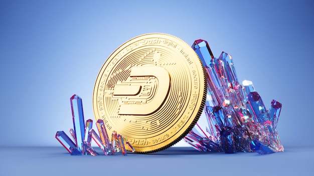 Digital Art of Dash Logo Symbol. Cryptocurrency coin Dash and crystals 3D Illustration. Crypto background.