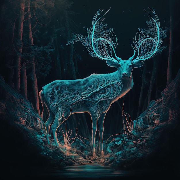 A digital art of a deer with big horns