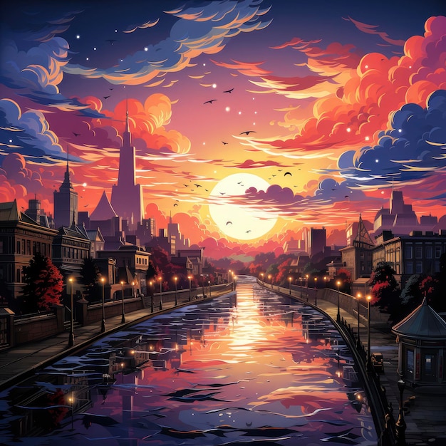 sunset from the city tower anime digital art illustration paint background  wallpaper ilustração do Stock