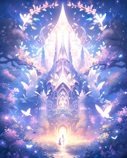 A digital art fantasy of a temple with a tree and a sky background