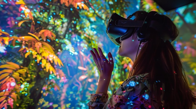 Foto festival d'arte digitale in una foresta di realtà virtuale dove la tecnologia celebra la bellezza coinvolgente della natura