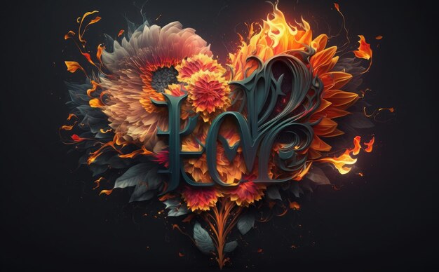 A digital art of a flower with the word love on it