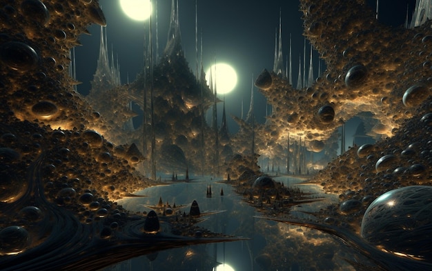 A digital art of a forest with a moon in the background