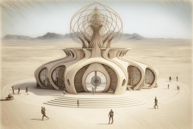 A digital art of a futuristic building with a dome on the center.