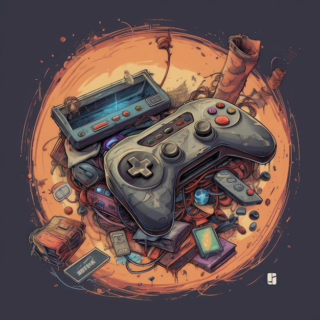 A digital art of a game controller with a lot of stuff around it.