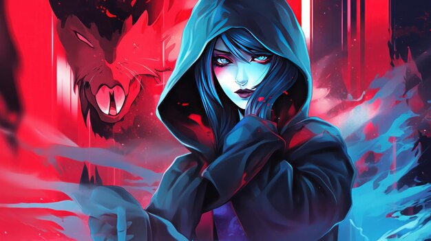 A digital art of a girl with a hood and a red background