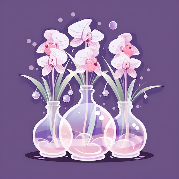 Digital art of glass vases nestled among orchids surrounded by crystal figu 2d design clipart flat