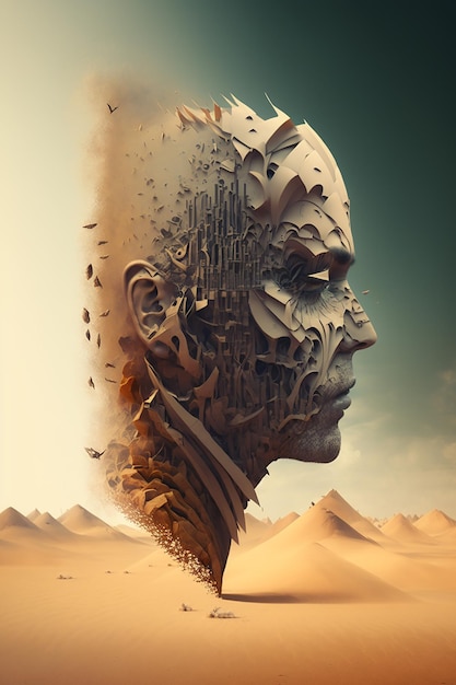 A digital art of a head with a face made of a human face.