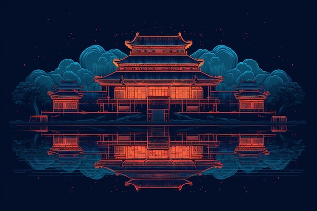 Photo a digital art illustration of a chinese temple with a blue background.