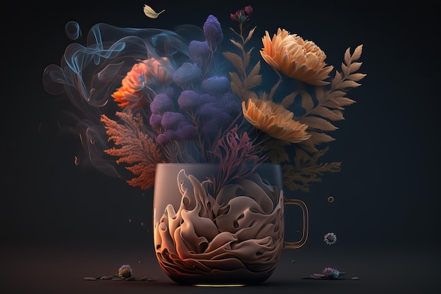 A digital art illustration of a cup of coffee with flowers and smoke.