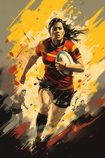 a digital art illustration of a female rugby player with a white rugby ball in the background