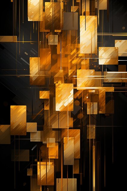 金の正方形と黒の背景を持つ、金と黒の背景のデジタル アート イラスト。